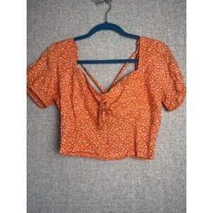 DEREK HEART Orange White Ditsy Floral Peasant Tie Back Crop Top Top Festival MED